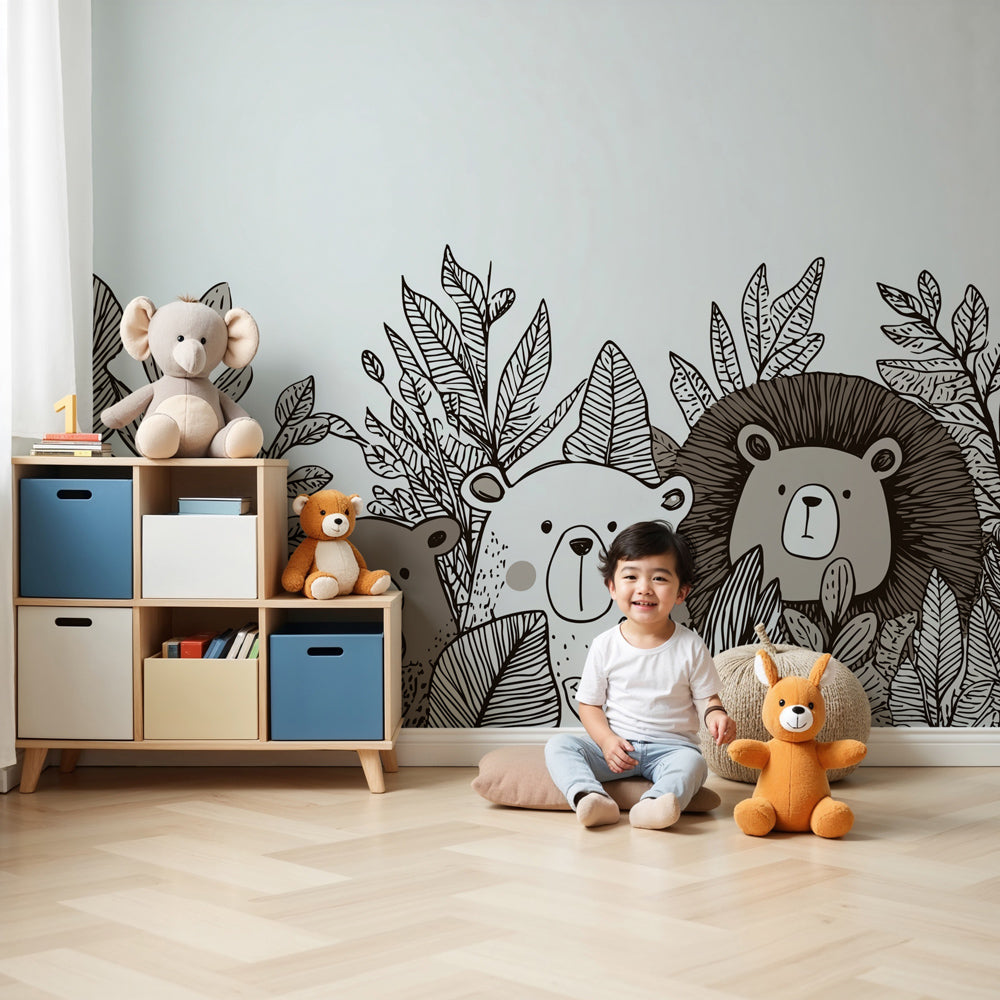 Forest animals mural wallpaper in cozy nursery with jungle safari theme by Kids-Mundo