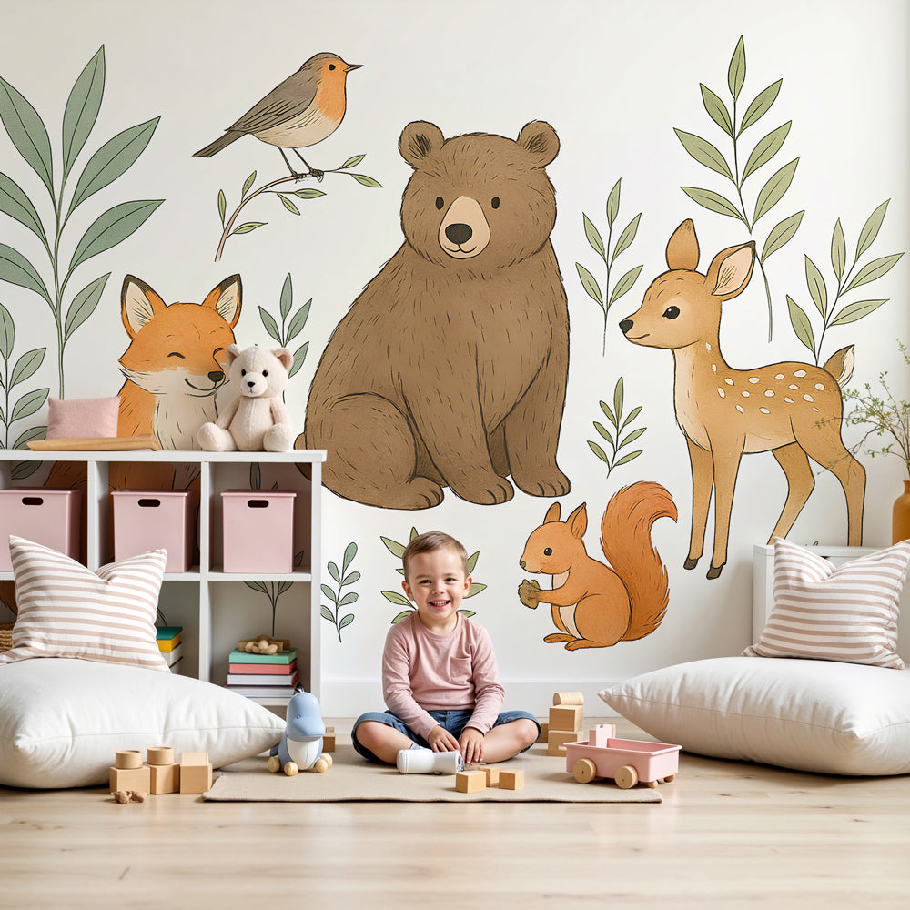 Forest animals mural wallpaper creating cozy woodland nursery decor by Kids-Mundo