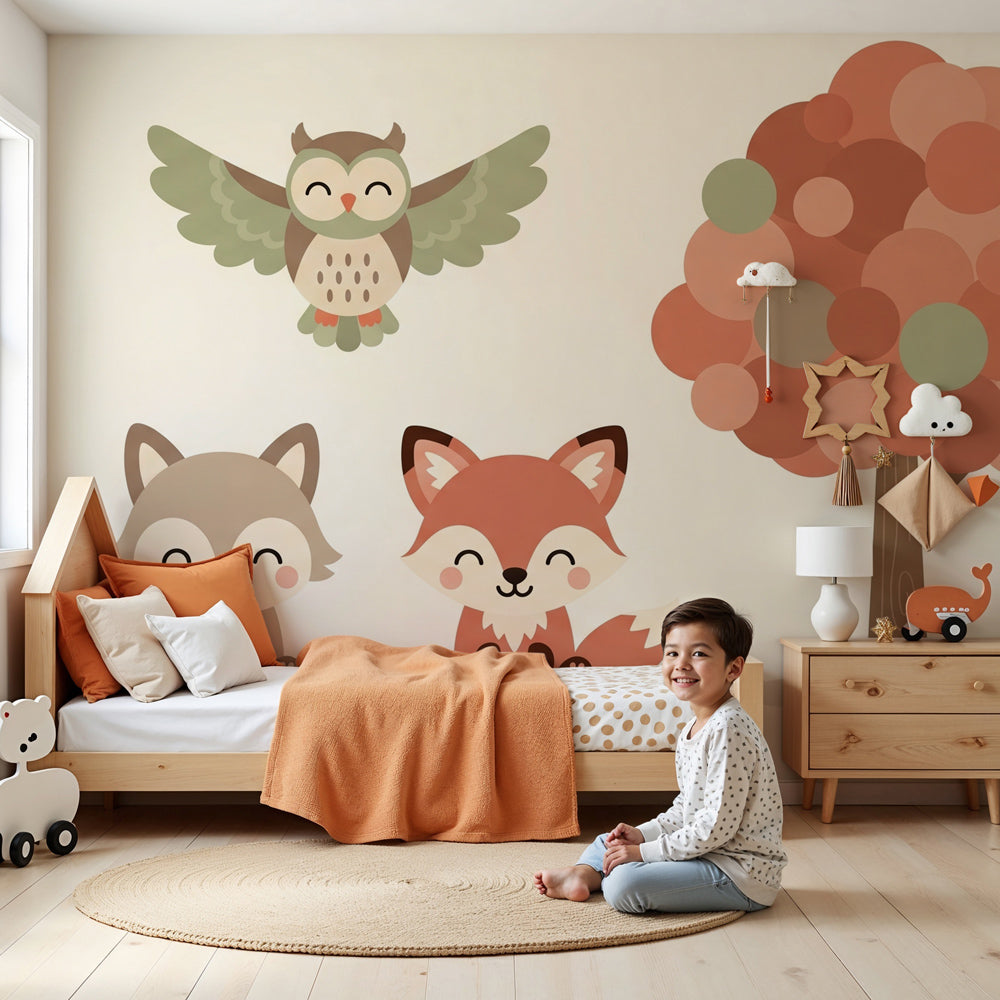 Forest animals mural wallpaper with foxes and owl decorating cozy nursery by Kids-Mundo