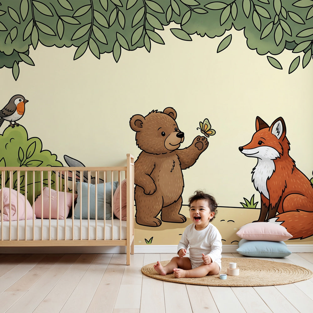 Forest animals mural wallpaper in modern nursery with wooden crib by Kids-Mundo