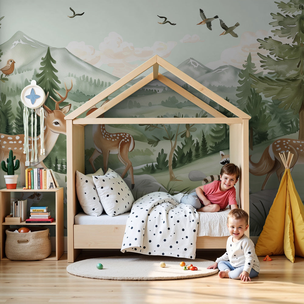 Forest animals mural wallpaper with fawns and foxes in modern nursery setting by Kids-Mundo