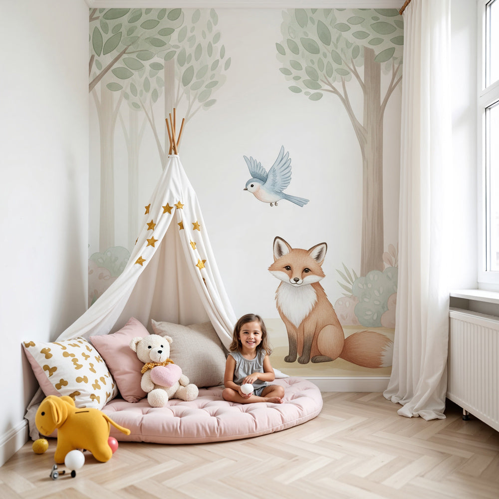 Forest animals mural wallpaper with fox and rabbit creating magical nursery decor by Kids-Mundo