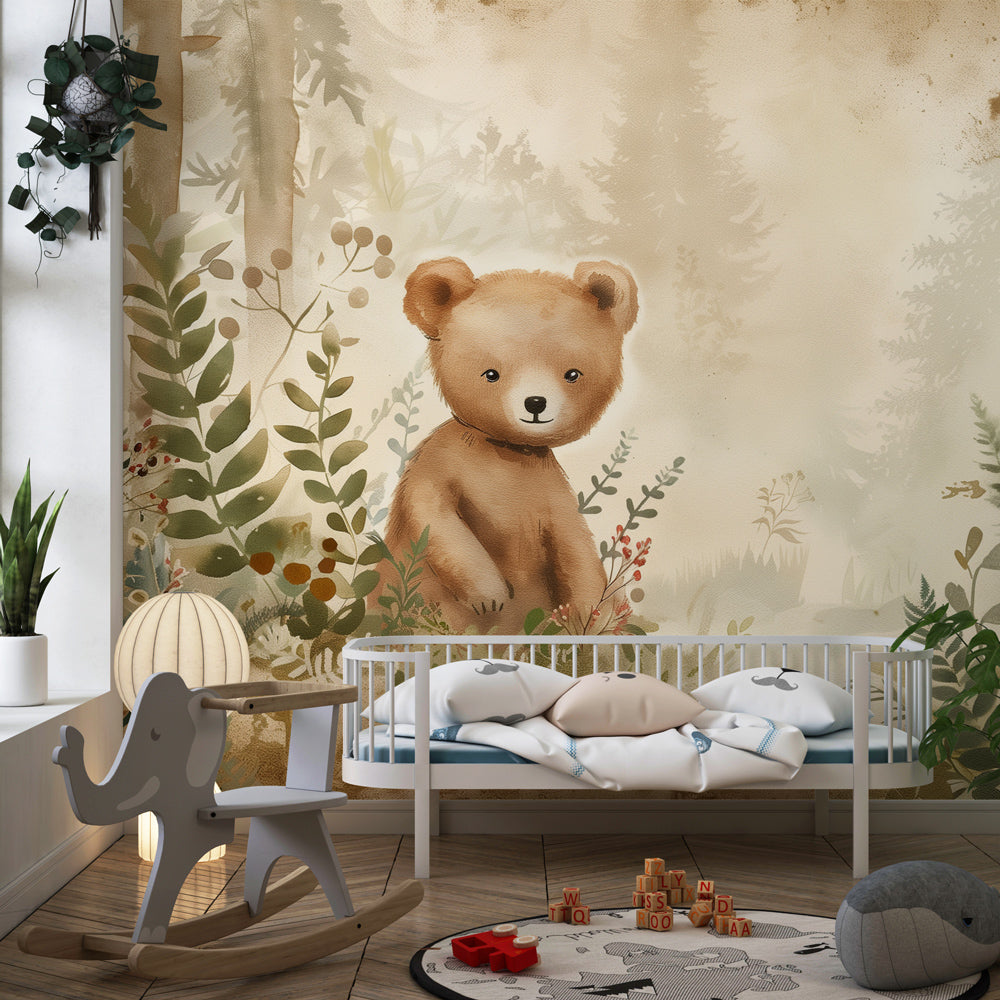 Woodland bear wallpaper in children's bedroom showing peaceful forest scene with natural colors