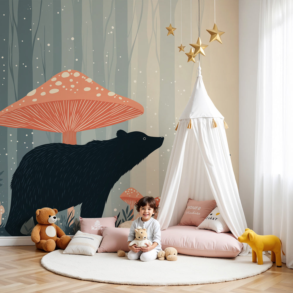 Forest bear mural wallpaper creating peaceful woodland nursery decor by Kids-Mundo