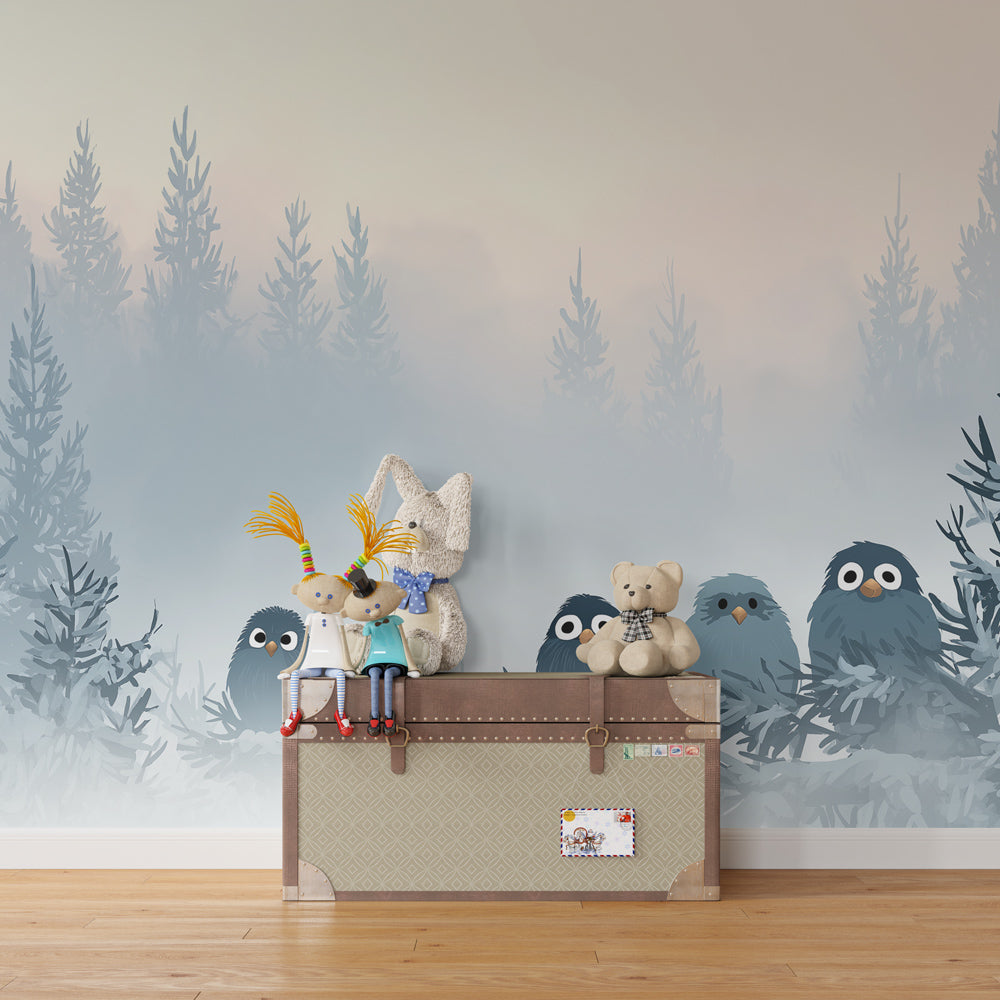 Misty woodland birds wallpaper decorating peaceful kids bedroom with nature theme