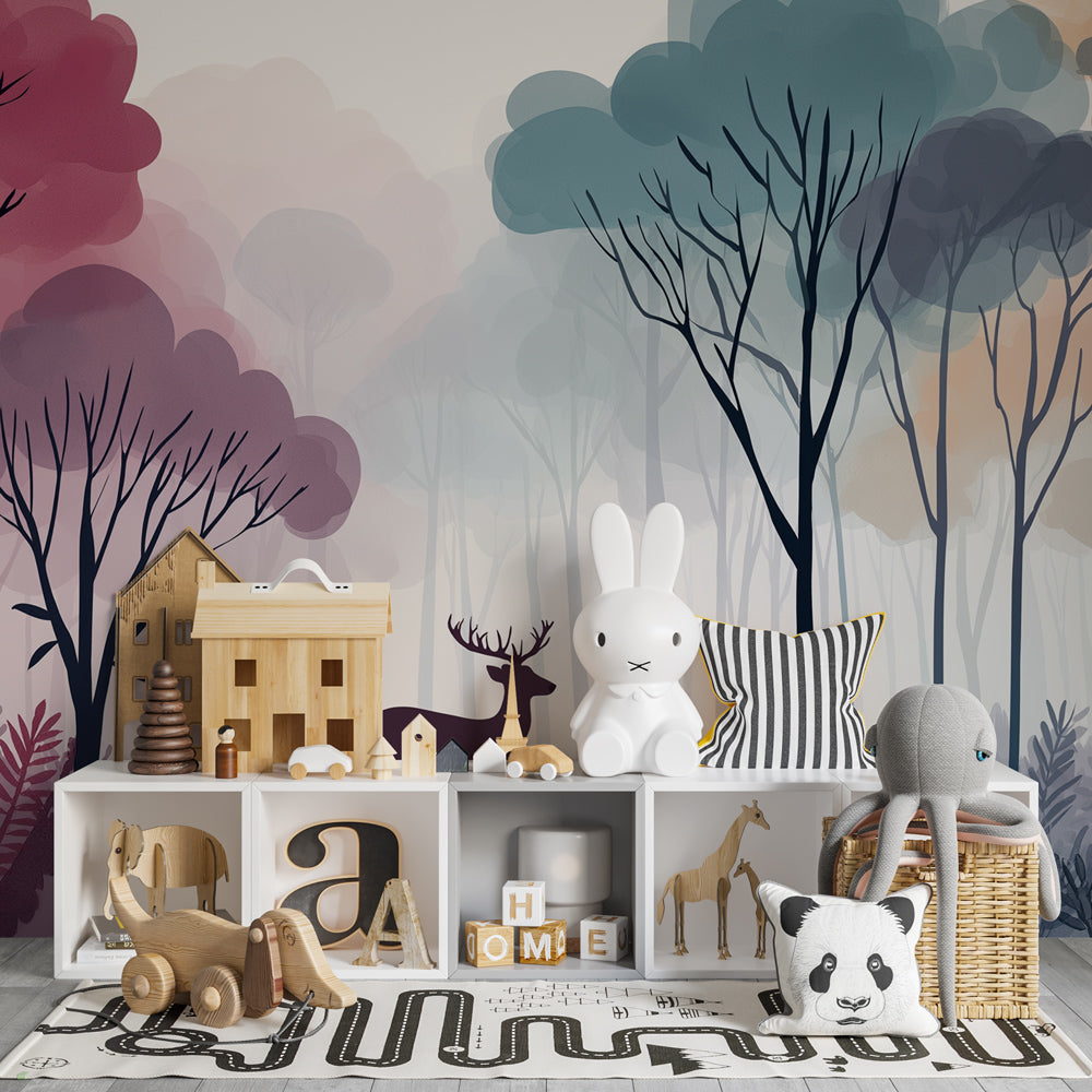 Mystical woodland wallpaper with deer in modern kids bedroom setting