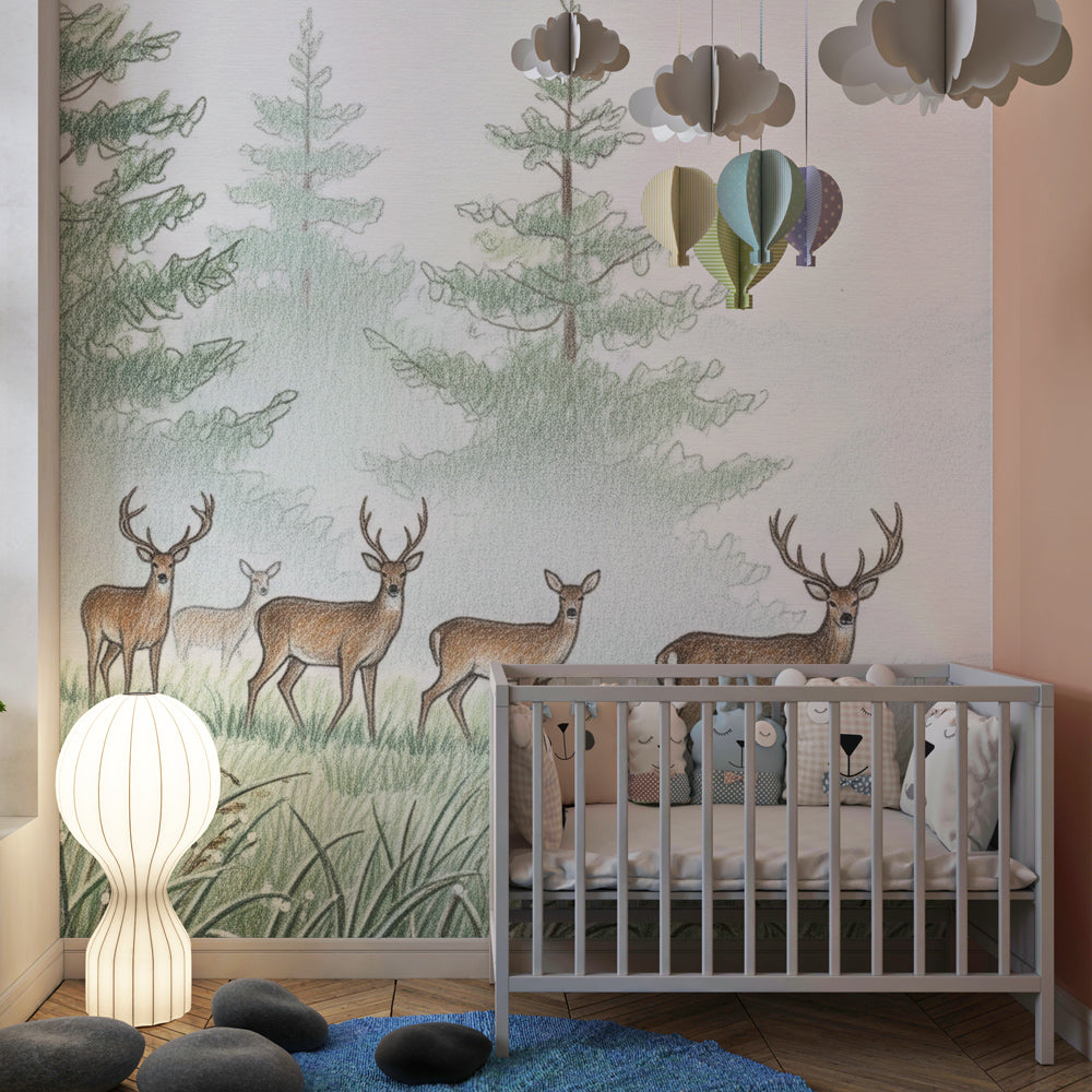 Misty woodland deer wallpaper transforming modern kids bedroom with nature theme