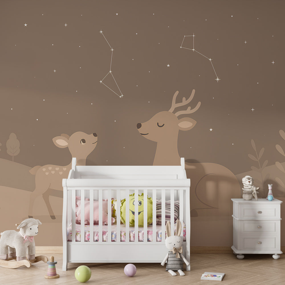 Woodland deer mural wallpaper creating magical atmosphere in children's bedroom