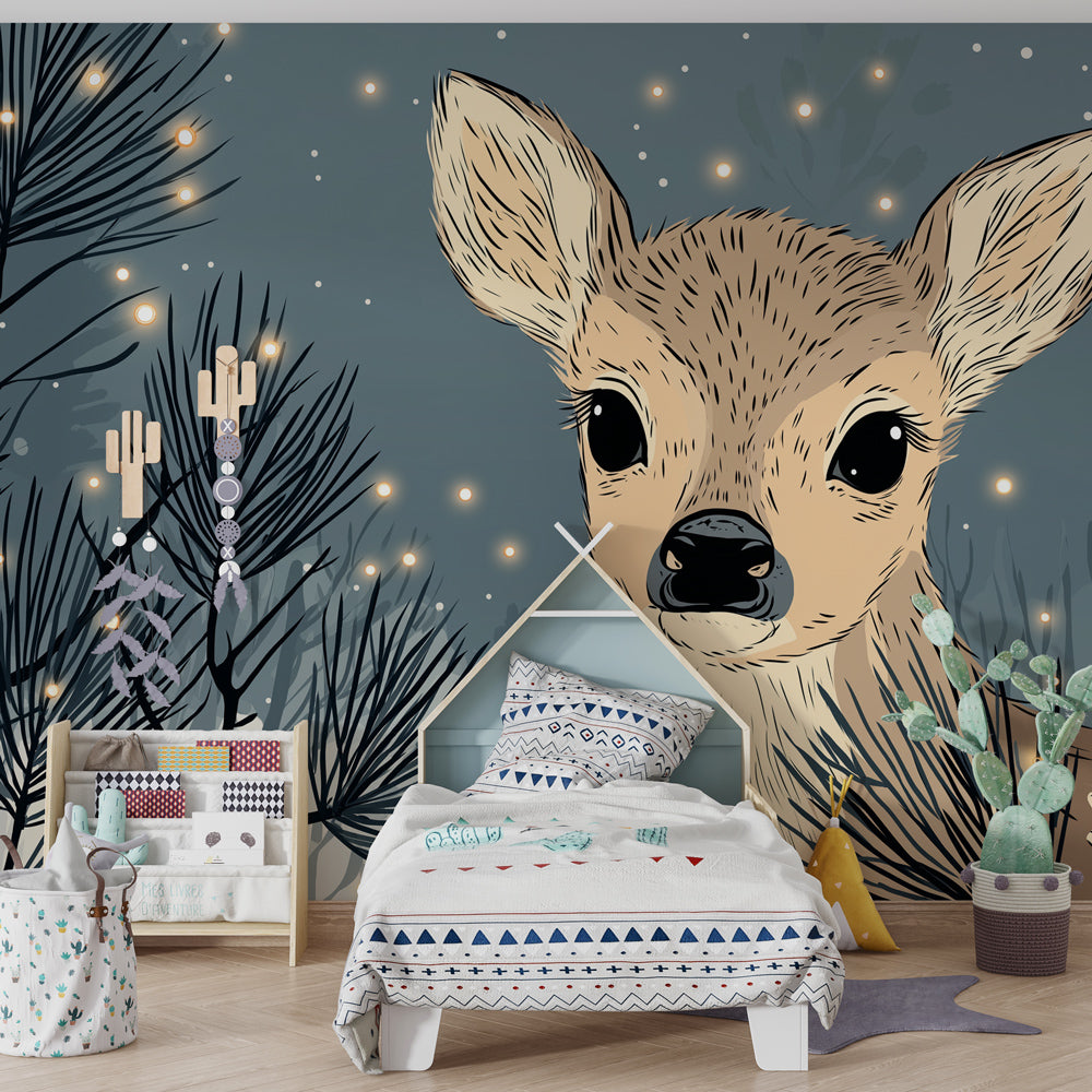 Woodland fawn wallpaper creating magical forest atmosphere in children's bedroom