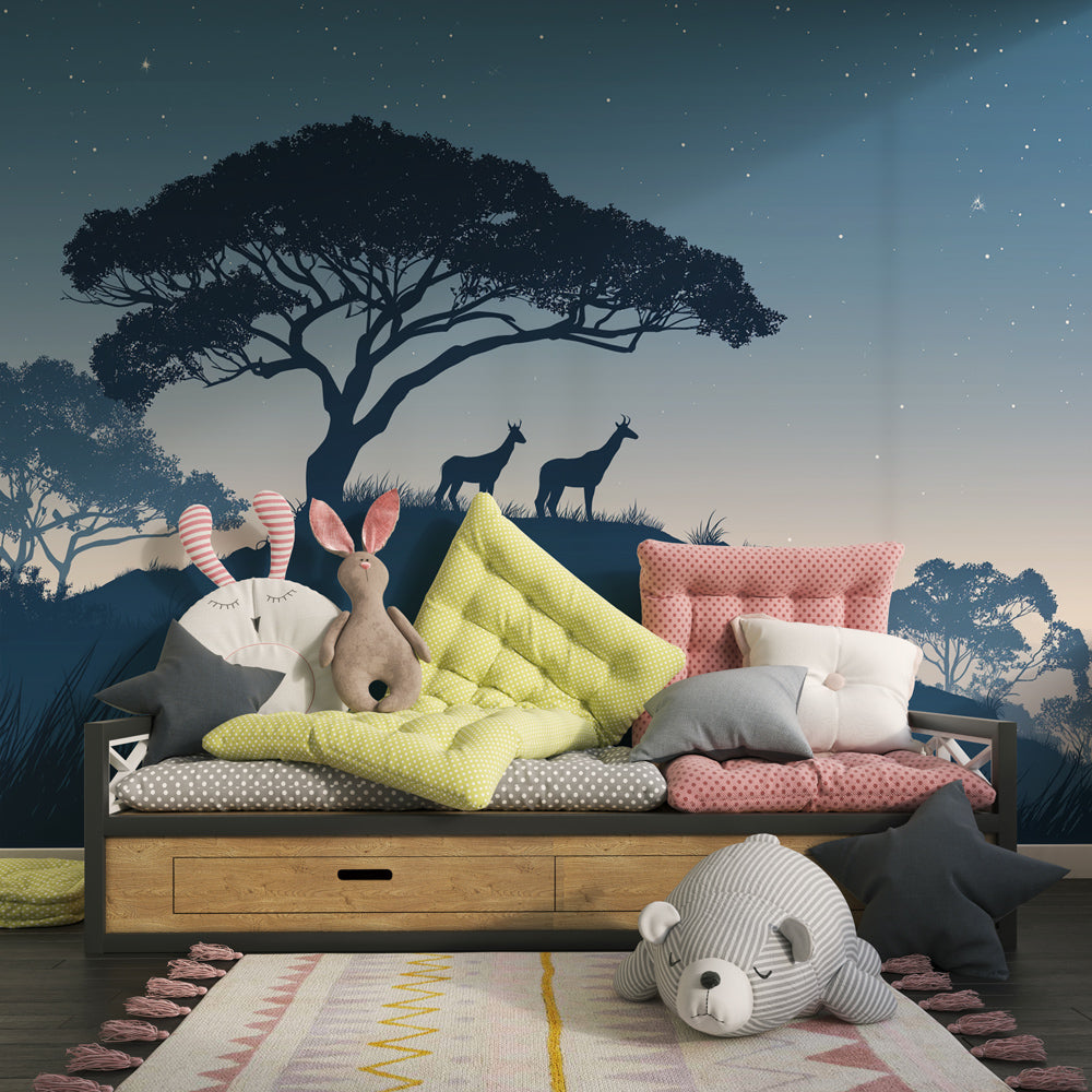 Deer silhouette wallpaper creating peaceful atmosphere in children's bedroom with wooden furniture