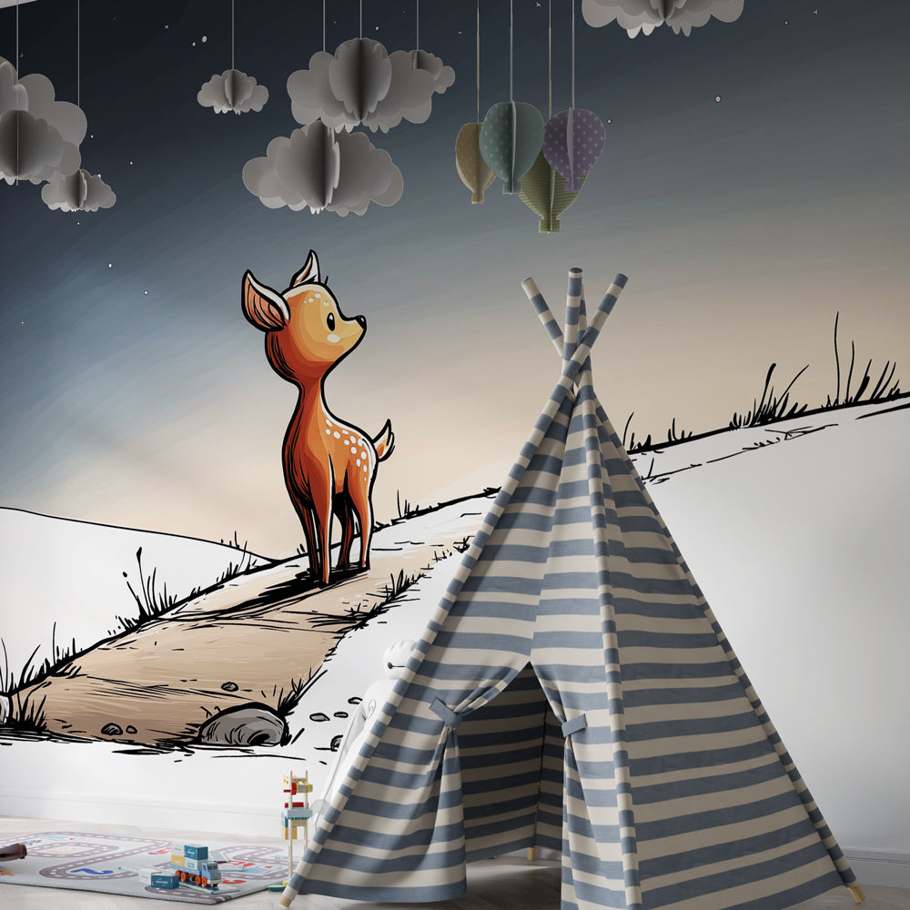 Woodland deer mural wallpaper creating magical atmosphere in kids bedroom