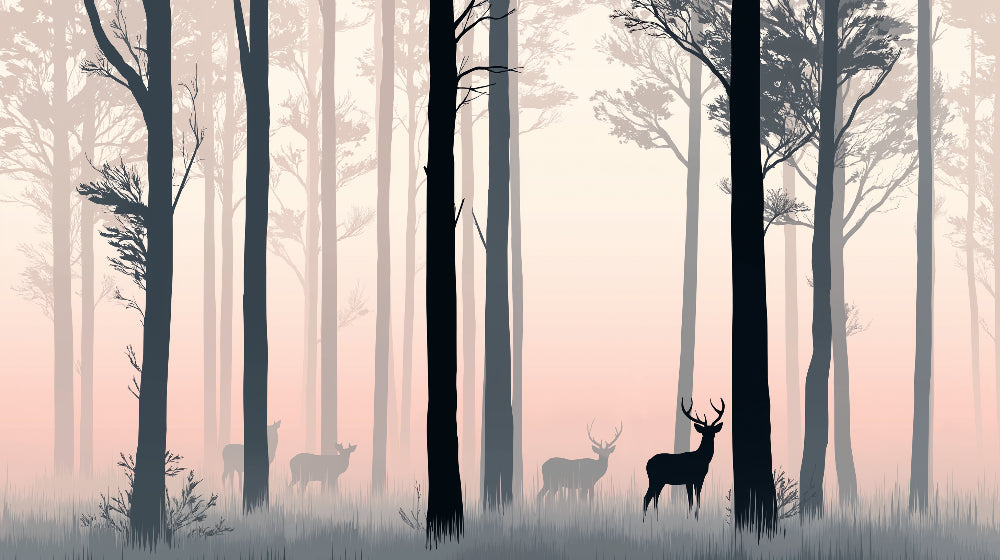 Detailed forest deer mural wallpaper design pattern with pink and gray woodland theme by Kids-Mundo