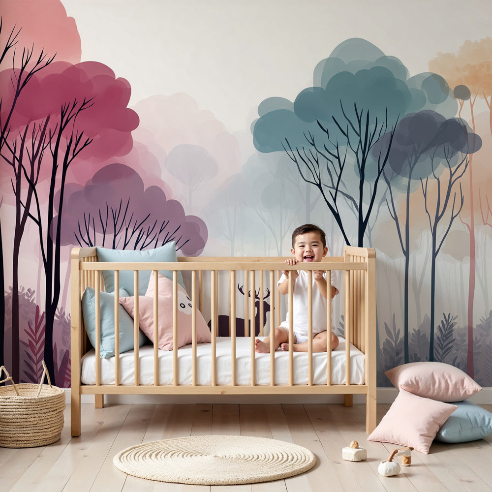 Forest deer mural wallpaper creating enchanted woodland nursery decor by Kids-Mundo