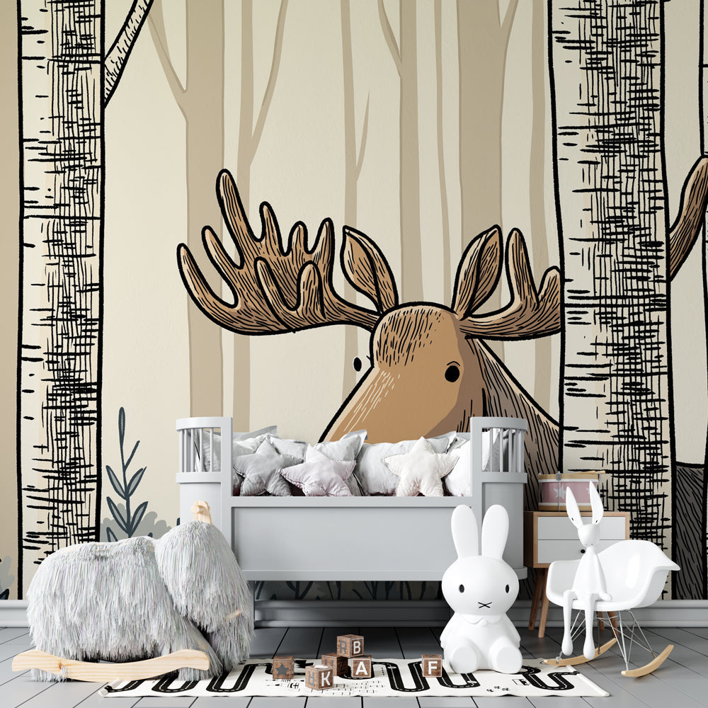Woodland elk wallpaper in modern toddler bedroom with natural wood furniture by Kids-Mundo