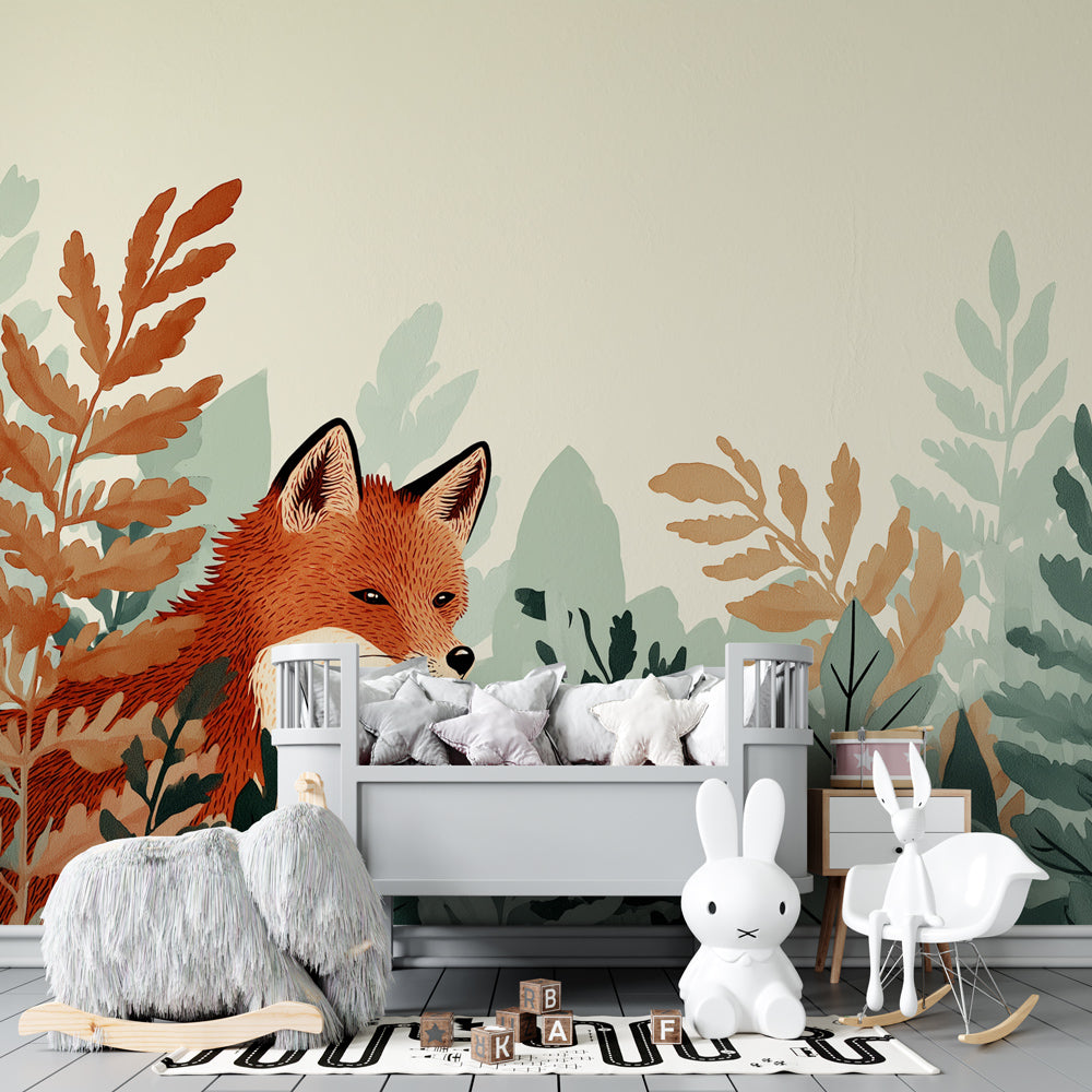 Woodland fox wallpaper creating cozy kids bedroom decor with warm earth tones