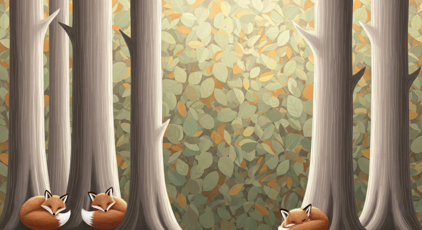 Detailed forest fox mural wallpaper design pattern showing peaceful woodland animals by Kids-Mundo