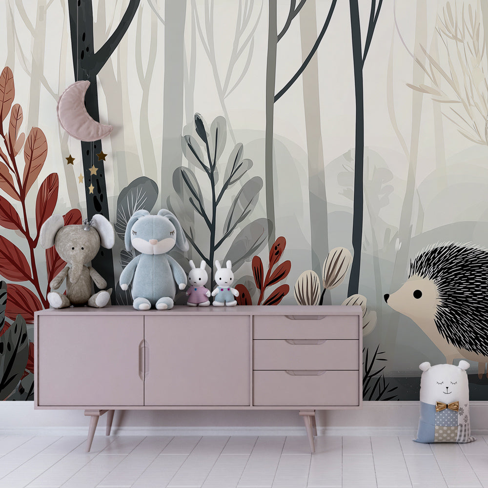Enchanted forest hedgehog wallpaper transforming children's bedroom into woodland sanctuary