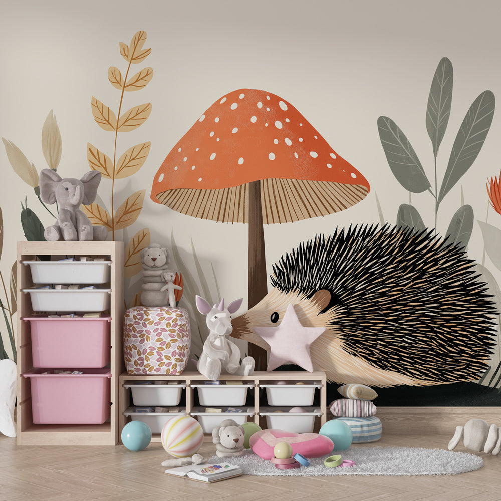 Woodland hedgehog wallpaper with mushroom design for peaceful children's bedroom decor