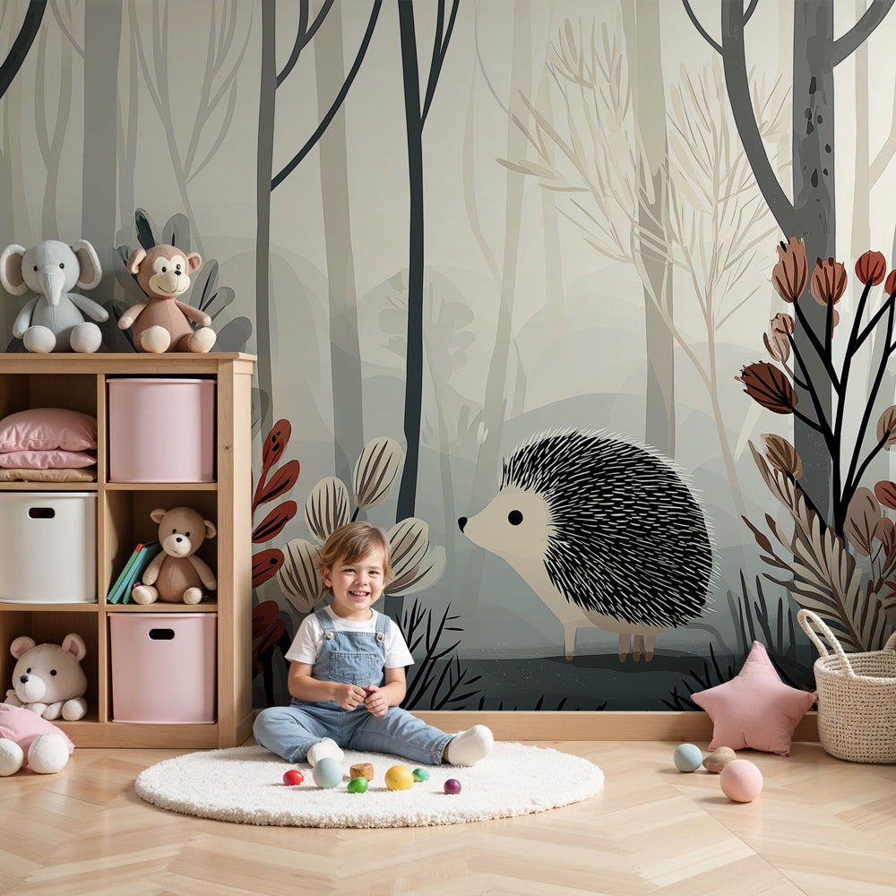 Forest hedgehog mural wallpaper creating magical woodland nursery atmosphere by Kids-Mundo