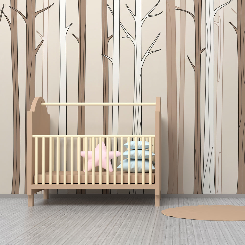 Calming forest wallpaper creating serene woodland atmosphere in children's bedroom setting