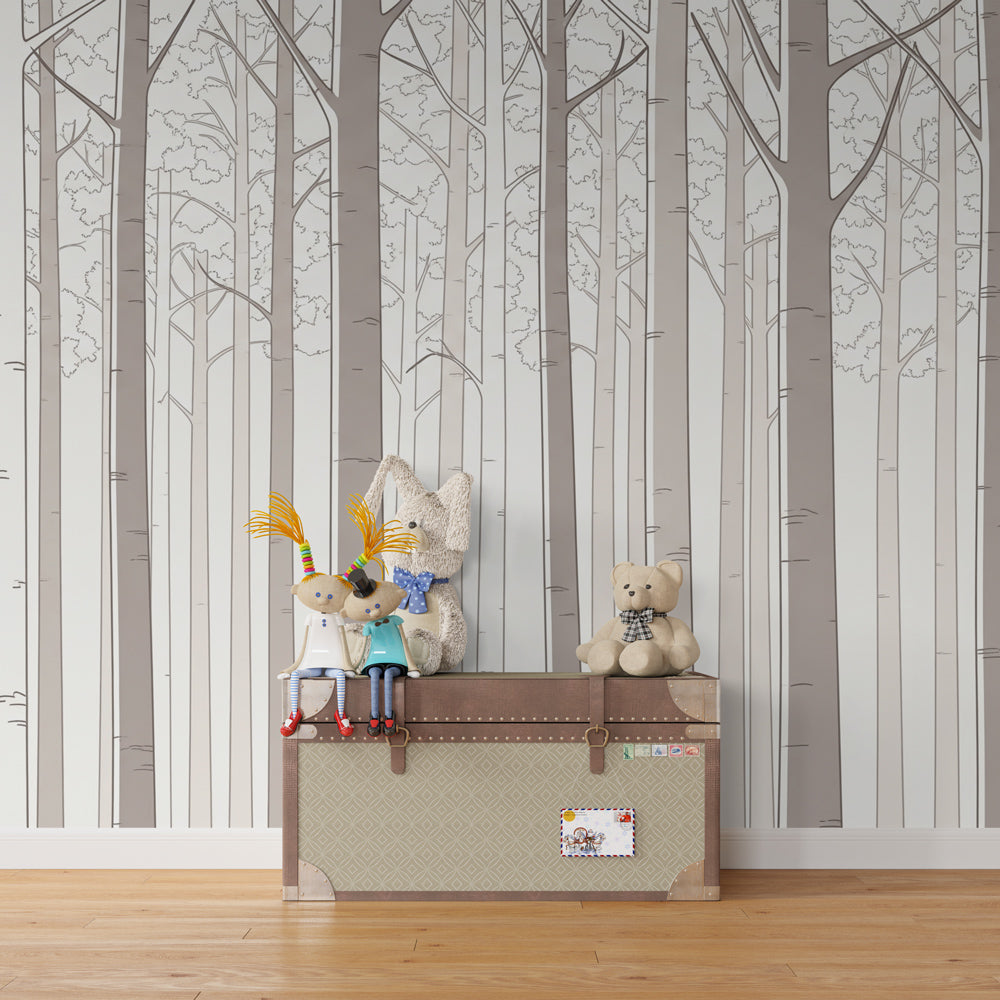 Serene tree wallpaper creating peaceful atmosphere in children's bedroom decor