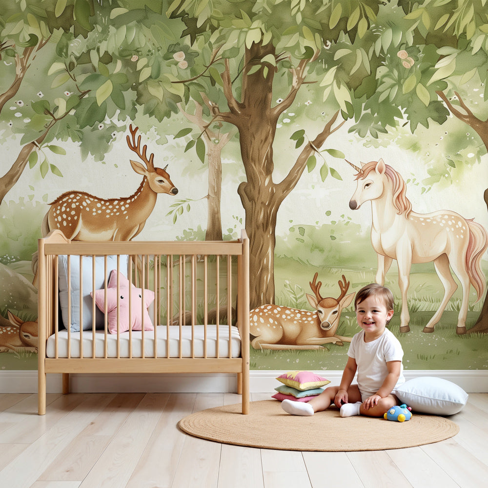 Enchanted forest mural wallpaper with unicorn and deer in modern kids nursery by Kids-Mundo