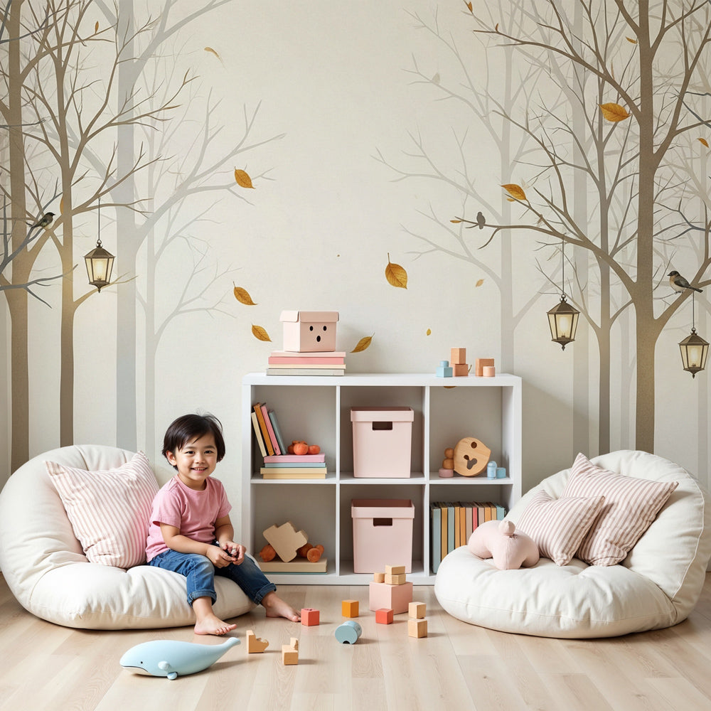 Calm forest mural wallpaper with winter trees and lanterns in peaceful children's nursery by Kids-Mundo