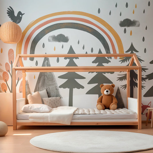 Graphic forest wallpaper featuring playful rain and woodland animals in kids bedroom