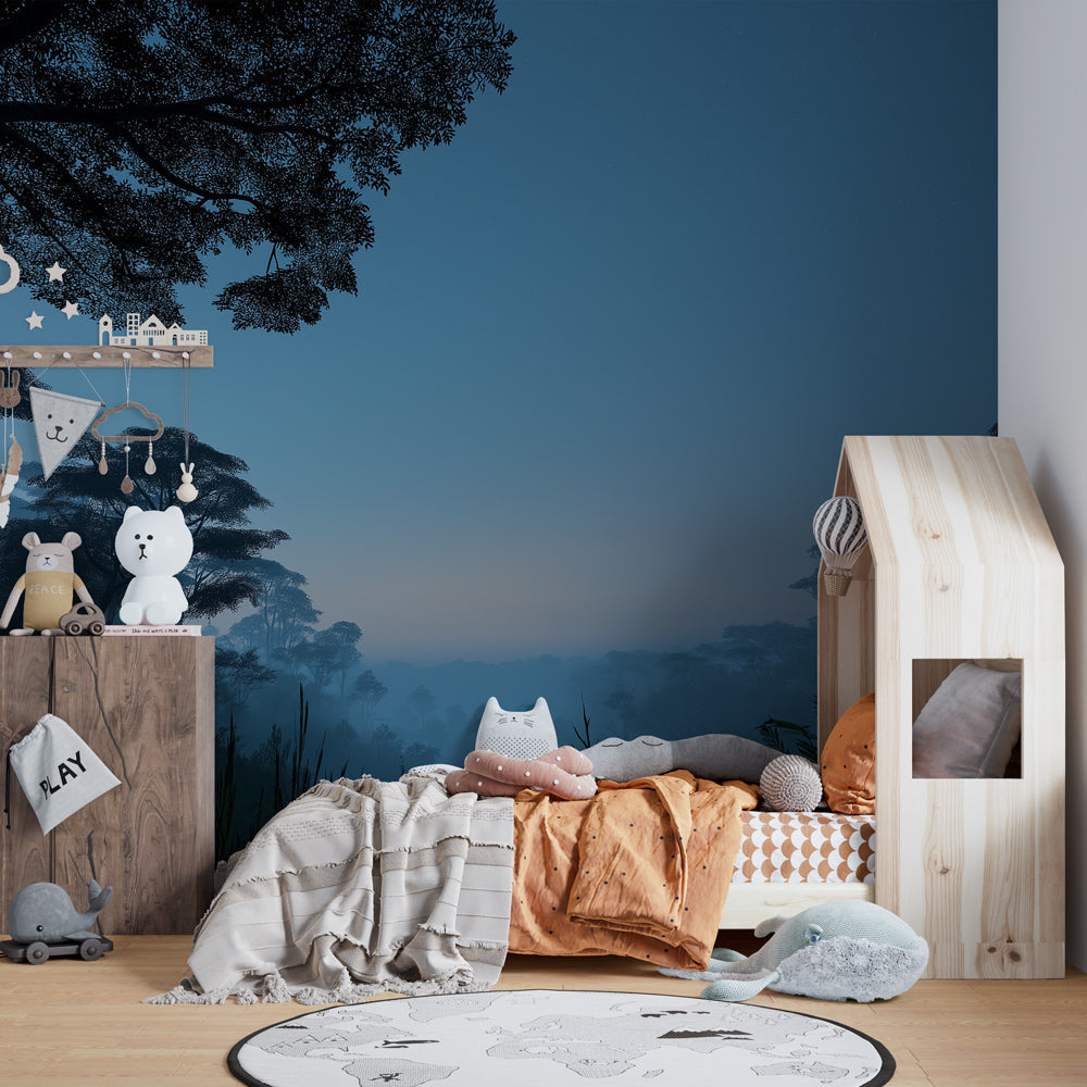 Enchanted forest wallpaper with misty trees and starlit sky in peaceful nursery decor by Kids-Mundo