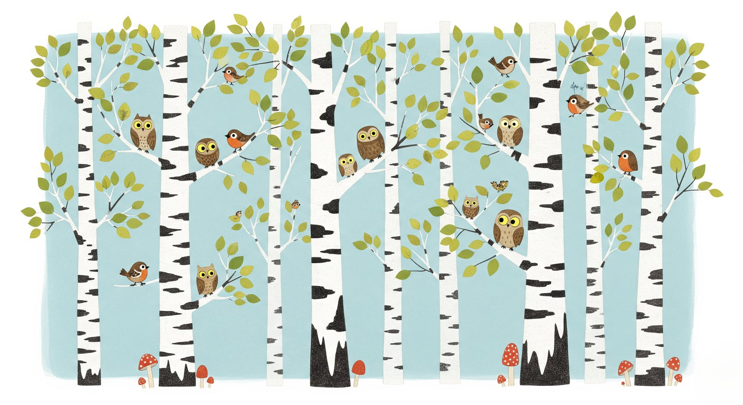 Detailed forest owl and oak tree mural wallpaper design pattern by Kids-Mundo
