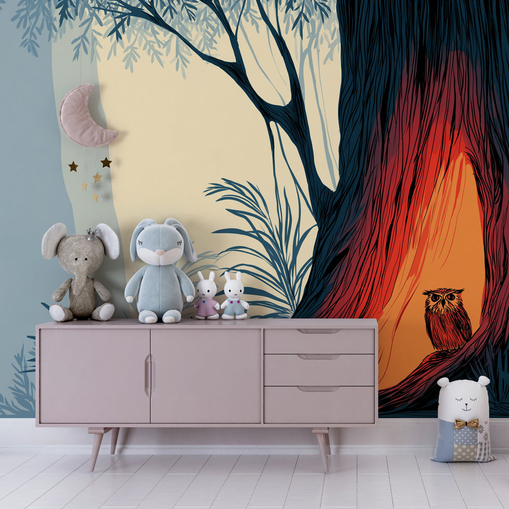 Magical woodland owl wallpaper creating enchanting children's bedroom atmosphere