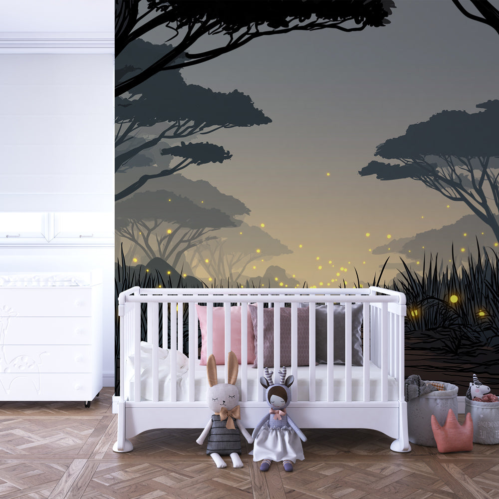 Woodland trail wallpaper transforming kids bedroom with twilight forest atmosphere