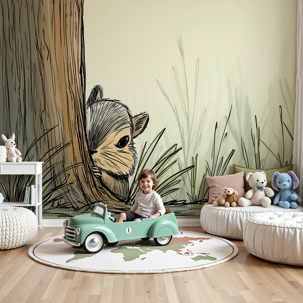 Forest squirrel mural wallpaper in peaceful baby nursery with natural wood crib by Kids-Mundo