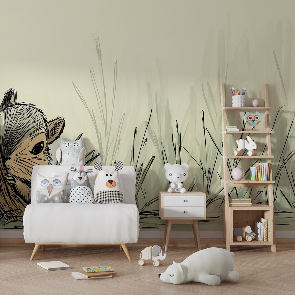 Curious squirrel woodland wallpaper creating serene nature-themed nursery decor