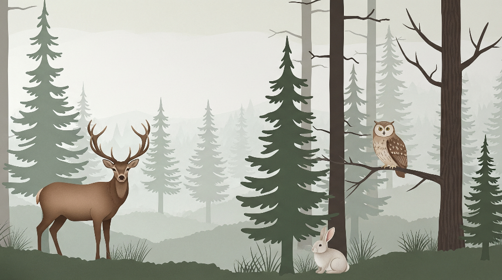Kids-Mundo flat artwork of a stag, owl and rabbit among tall misty green pine trees