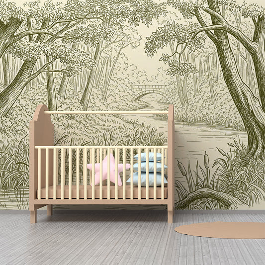 Kids-Mundo forest stream mural installed on a feature wall in a child's bedroom