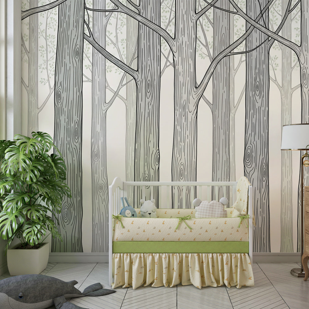 Elegant forest wallpaper with stylized trees in modern children's bedroom setting