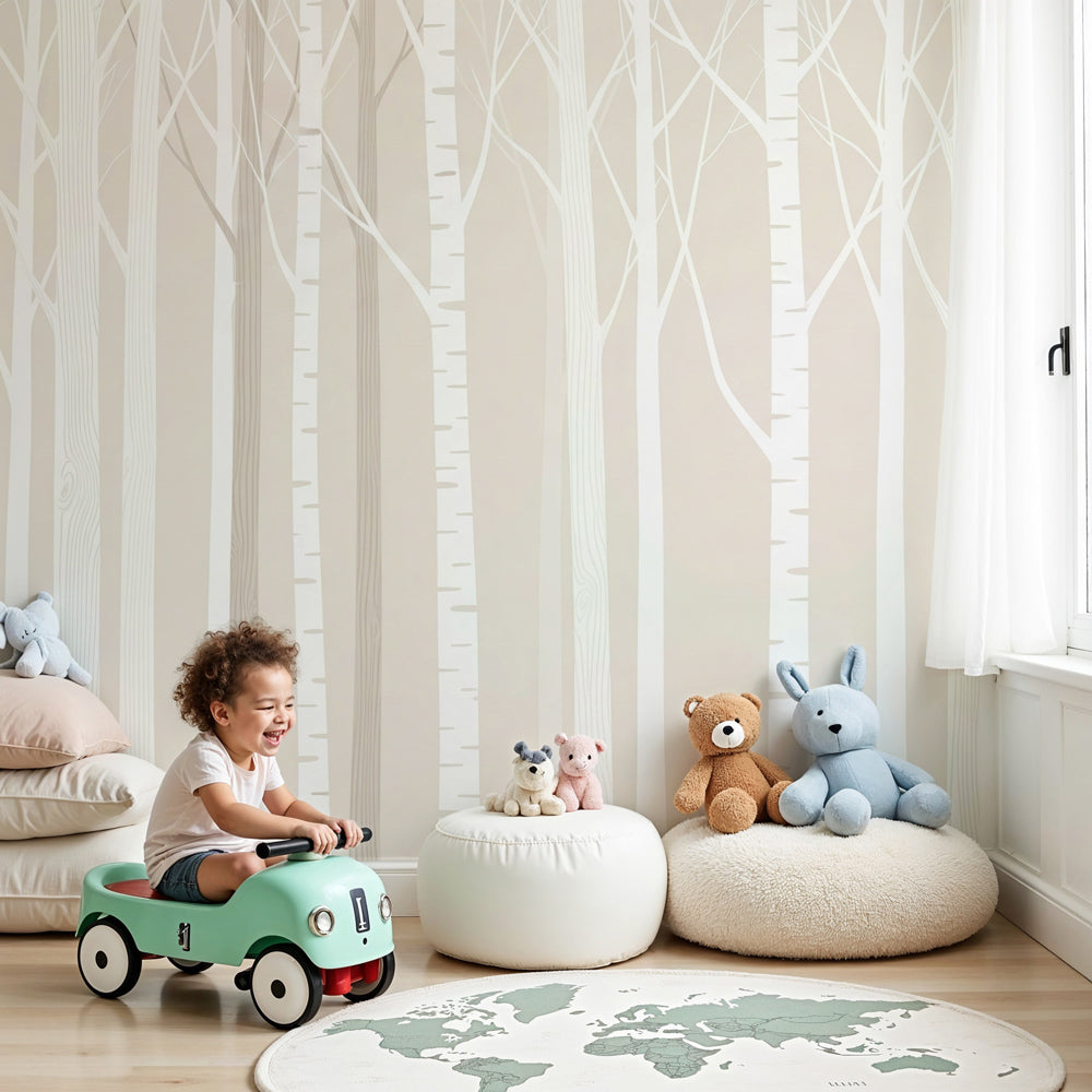 Forest trees mural wallpaper in modern nursery with white trees on beige background by Kids-Mundo