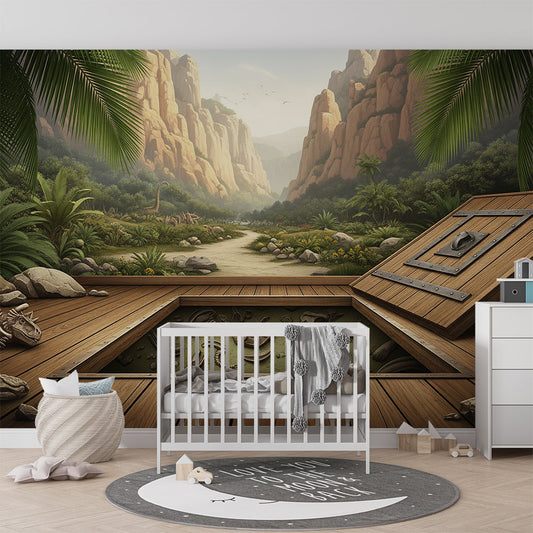 Kids-Mundo dinosaur canyon mural with fossil crate behind a bed in a kids bedroom