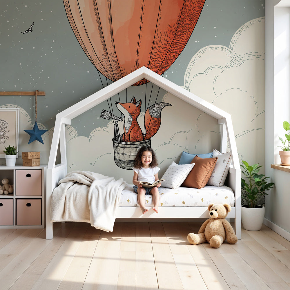 Fox adventure mural wallpaper with hot air balloon in modern nursery room by Kids-Mundo