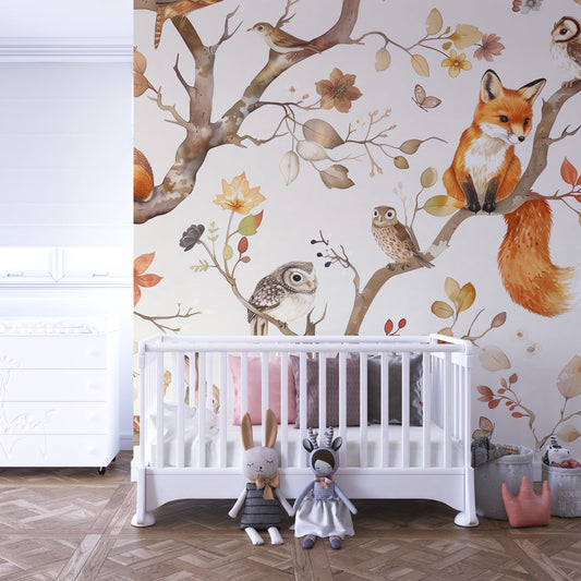 Kids-Mundo woodland fox wall mural covering a feature wall in a child's bedroom.