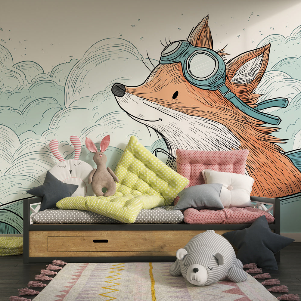 Adventure fox pilot wallpaper creating magical children's bedroom atmosphere with clouds