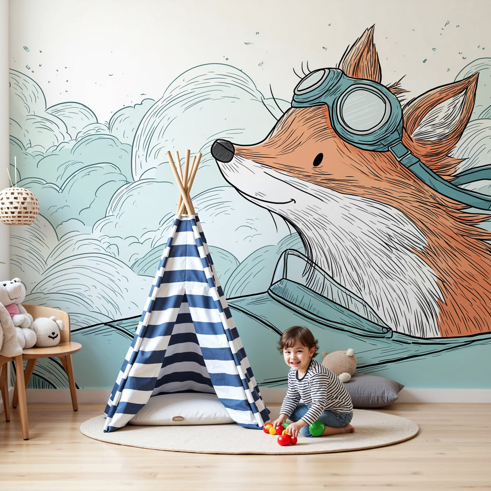 Fox aviator mural wallpaper in modern nursery with natural wood furniture by Kids-Mundo