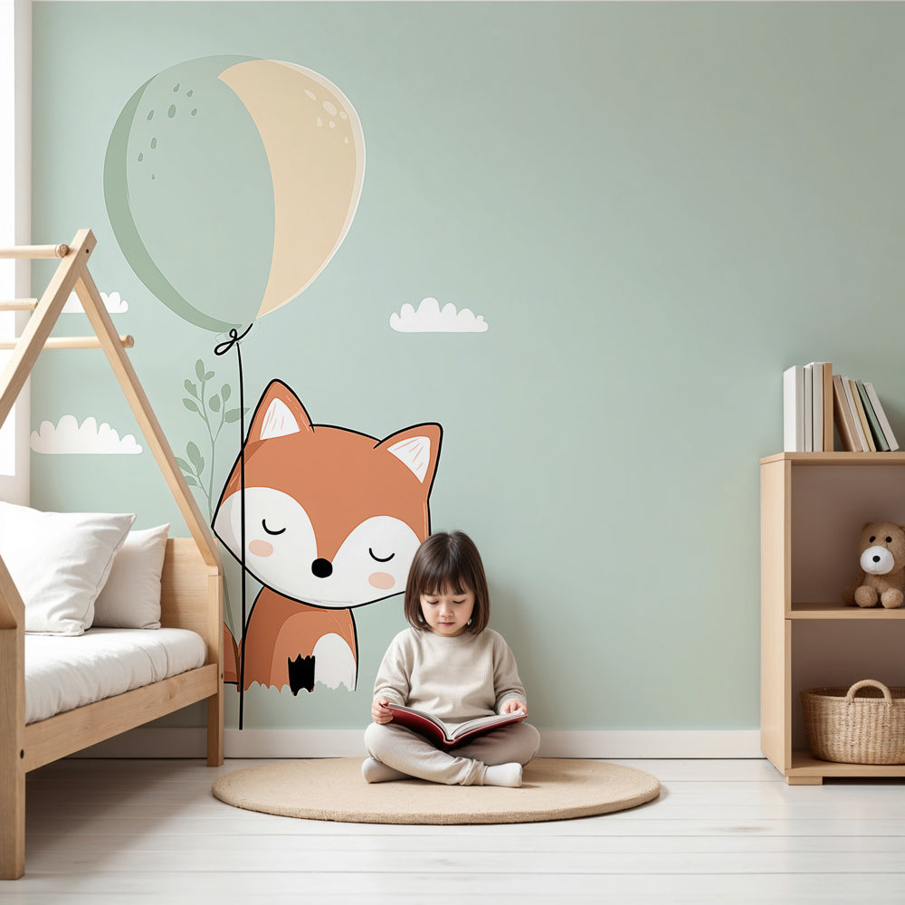 Fox balloon mural wallpaper creating cozy nursery atmosphere with soft green tones by Kids-Mundo