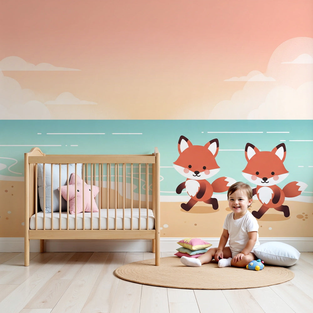 Fox beach mural wallpaper in modern nursery room with coastal decor by Kids-Mundo