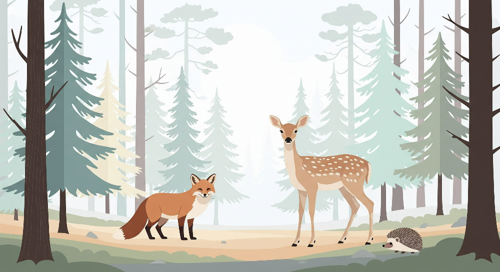 Kids-Mundo flat artwork of a fox, deer and hedgehog meeting in a forest wall mural design