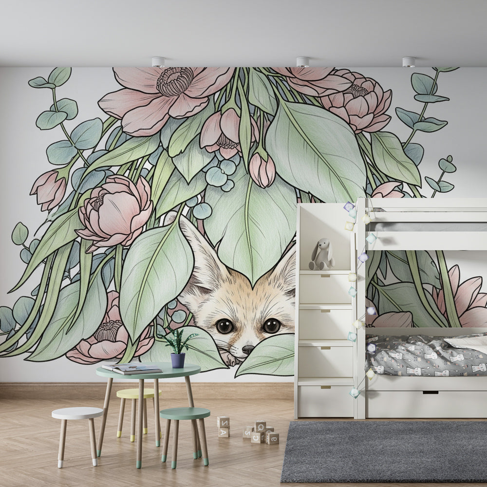Playful fox garden mural wallpaper in modern children's bedroom with natural decor