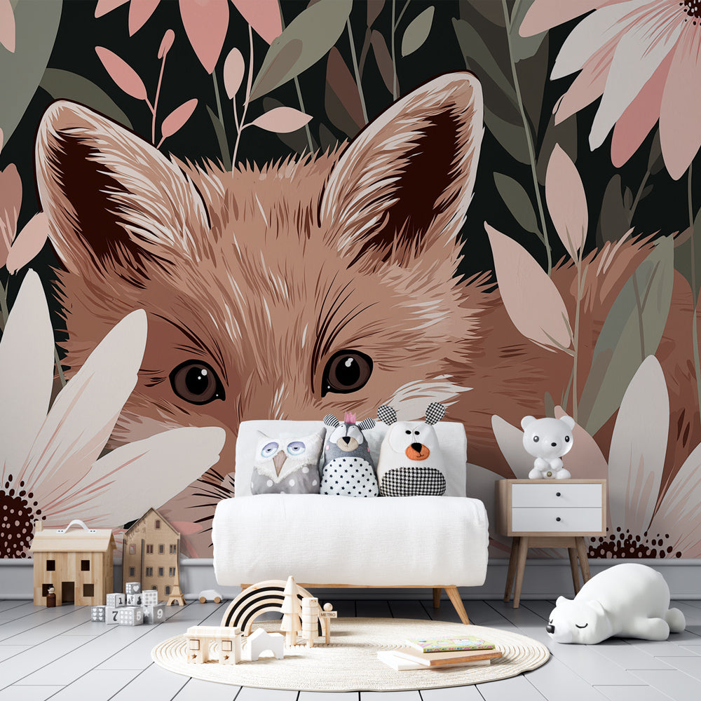 Floral fox mural wallpaper creating enchanting children's bedroom atmosphere
