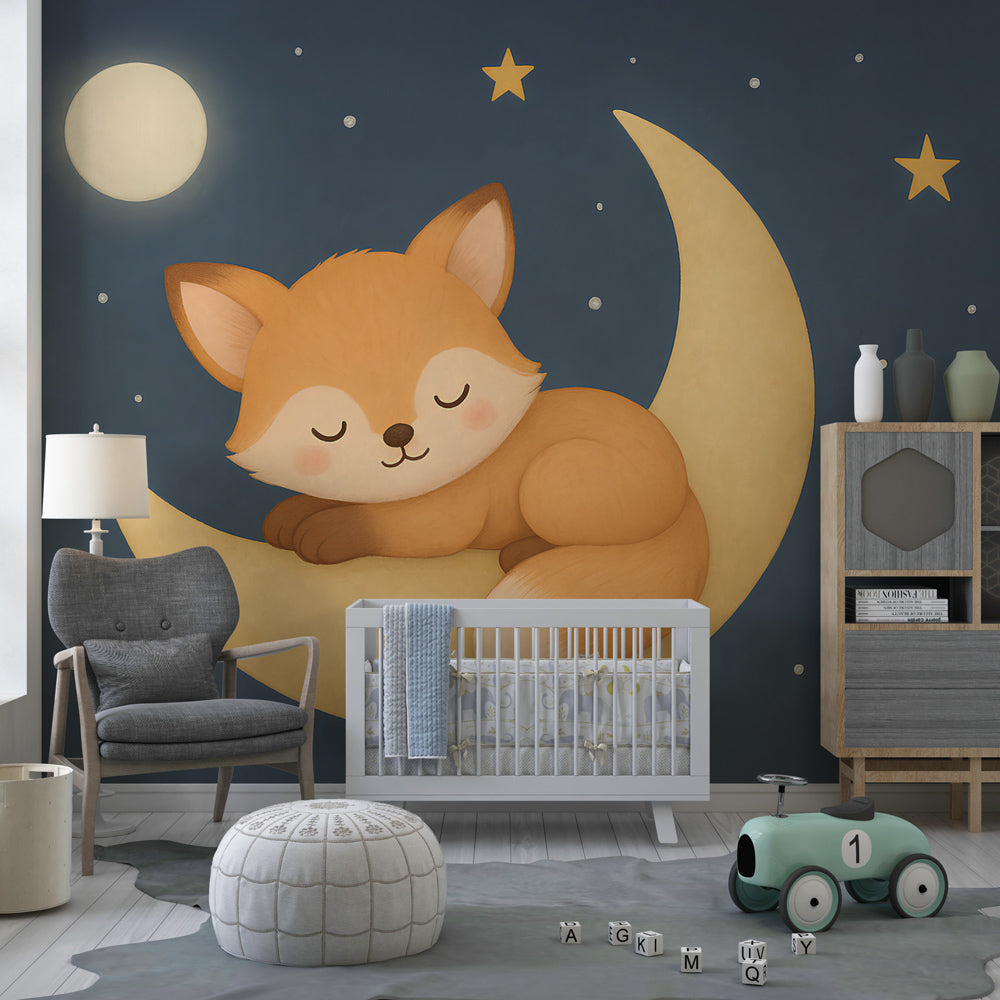 Night sky fox wallpaper transforming children's bedroom with peaceful sleeping fox design