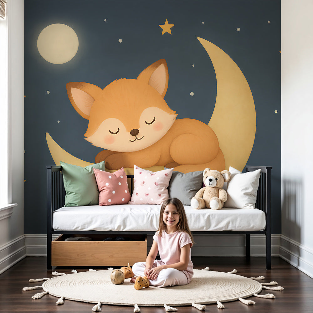 Fox moon mural wallpaper creating dreamy nursery decor with sleeping fox on crescent moon by Kids-Mundo